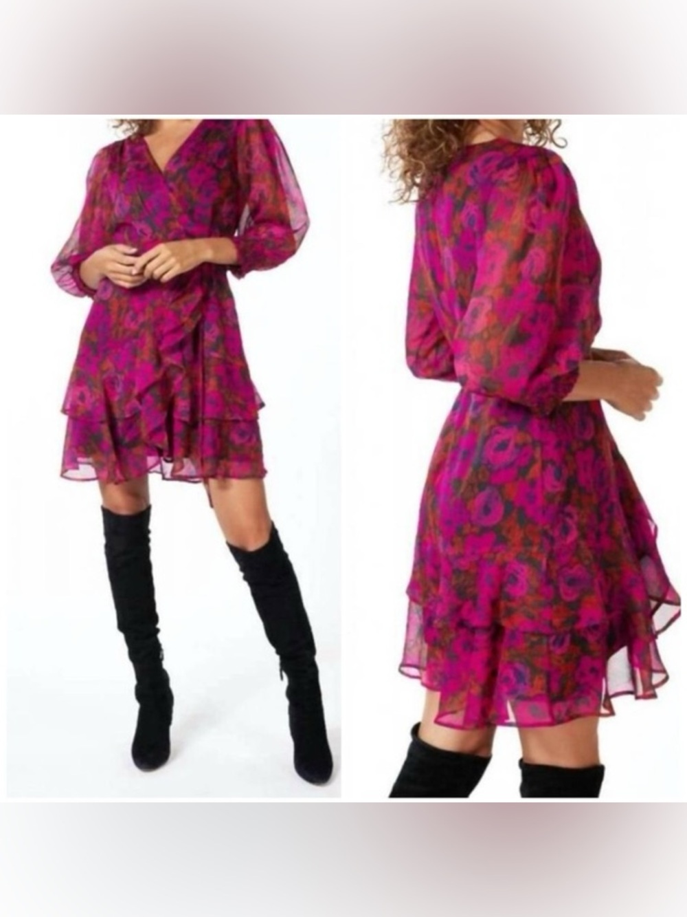 Esqualo Fuchsia Dress Chiffon Floral Wrap Ruffled Layered Balloon Sleeves Size 8 - Picture 10 of 10